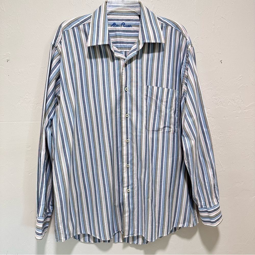 Alan Flusser Blue Purple Green 100% Cotton Button Down Casual Shirt, Large‌‌‌